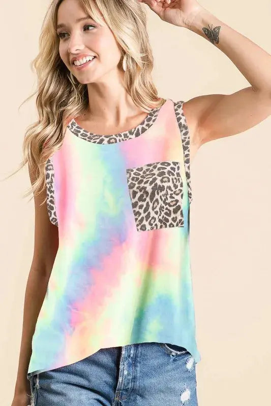 BiBi Sleeveless Tie Dye Top With Leopard Band - Love Salve